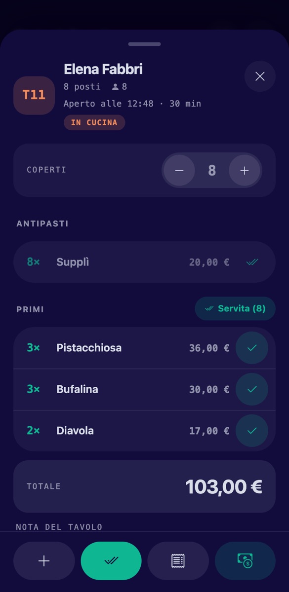 La comanda del tavolo T1 sul telefono del cameriere